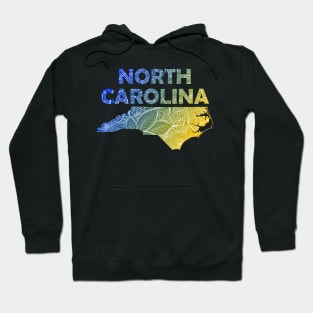 Colorful mandala art map of North Carolina with text in blue and yellow Hoodie